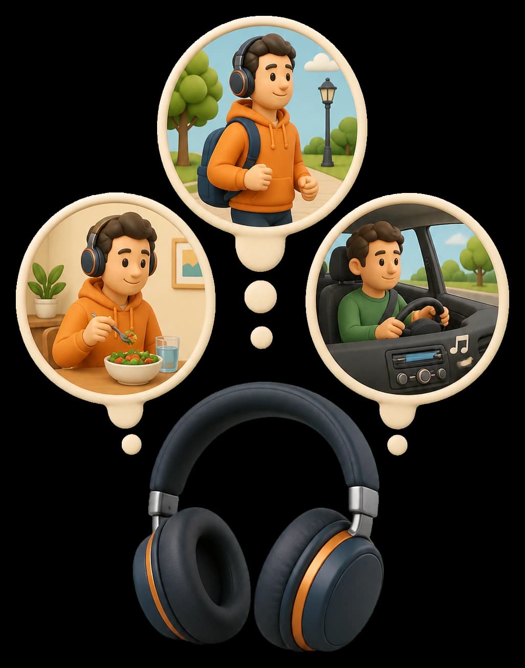 3D illustration of headphones and listening while walking, eating, and driving