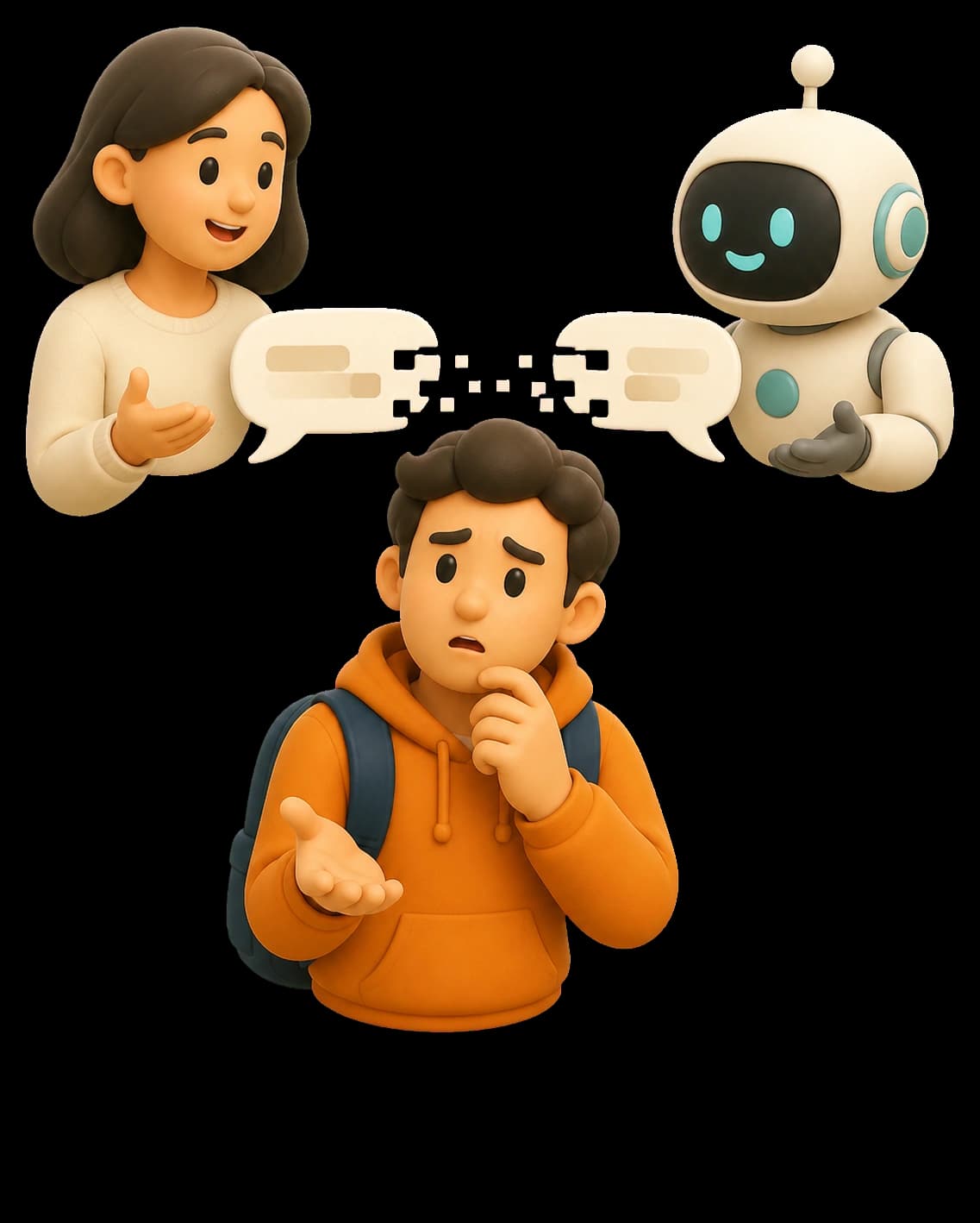 3D illustration of a learner struggling to understand replies from a person and an AI partner